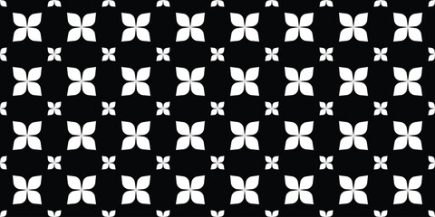 Geometric abstract seamless pattern of leaves to flowers. Black and white. Vector illustration.