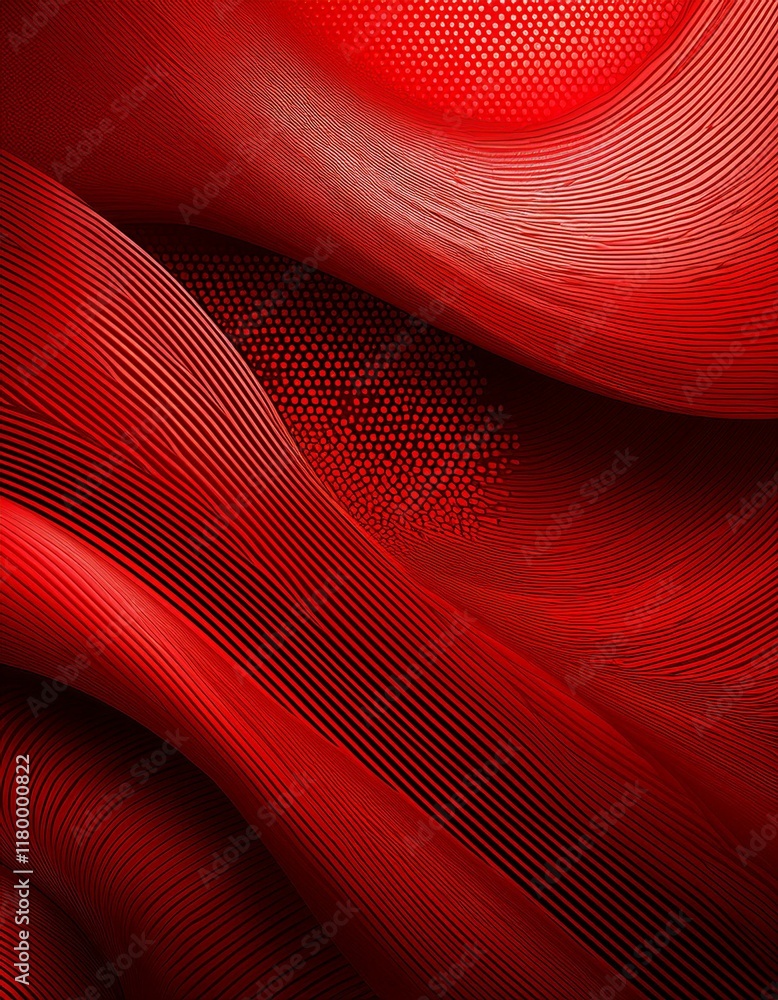 Poster abstract background of curved surfaces and halftone dots in red colors. generated image