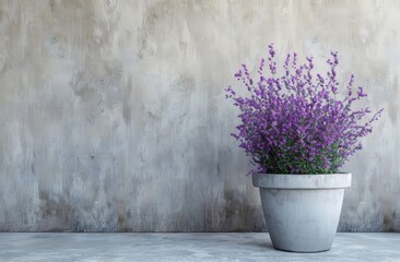 Vibrant lavender blooms in a modern planter against a textured concrete wall