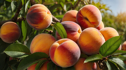 Bunch of ripe sweet peaches on peach plantation ready for harvesting. Ripe peaches hanging from branch. Fruit tree