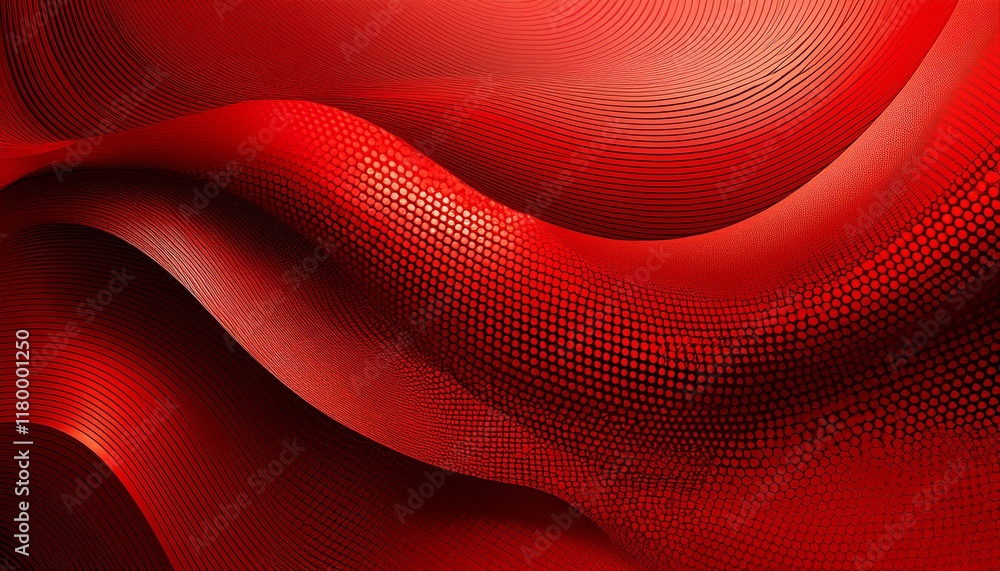 Poster abstract background of curved surfaces and halftone dots in red colors. generated image