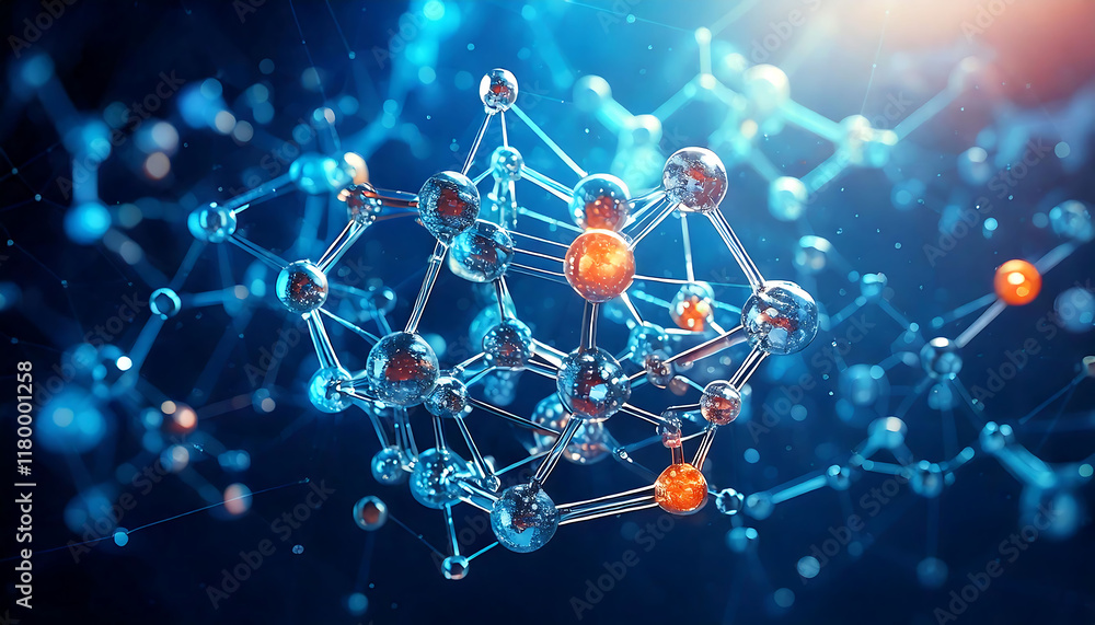 Aufkleber stunning abstract image of a molecule structure. glowing blue and orange spheres connect, creating a
