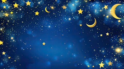 Fototapeta premium Golden stars and crescent moons on a dark blue night sky background. Perfect for dreamy, magical designs.