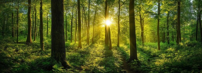 Fototapeta premium Sunlit Forest: A Panoramic View of Lush Greenery and Golden Light
