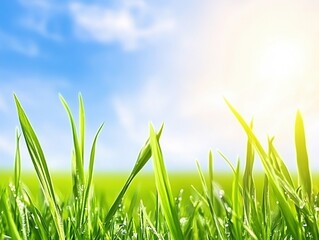 Obraz premium Vibrant Green Grass Blades Under Sunny Sky Fresh Spring Nature