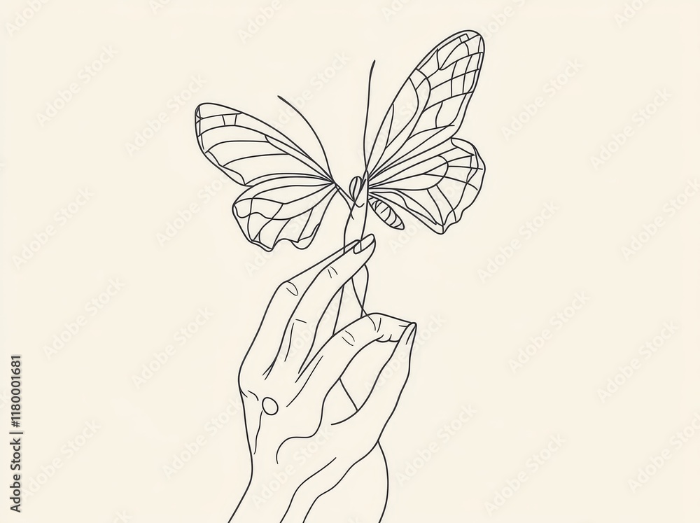 Poster hand with a butterfly resting on its finger. one continuous line drawing