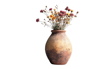 Vintage vase filled with dried flowers on a white isolated background.