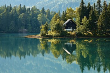 Fototapeta premium Tranquil Reflections: A Serene Daytime Scene by the Still Lake in Sweden