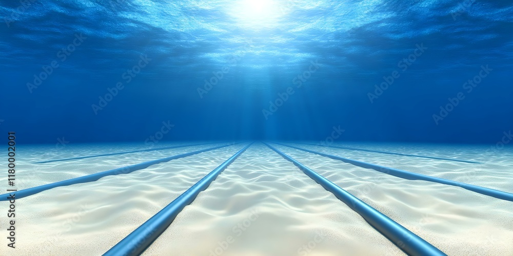 Poster a serene underwater scene with smooth sandy ocean floor and parallel lines extending into the deep b