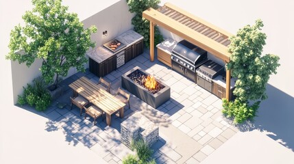 3D design and rendering of a backyard patio with outdoor kitchen, seating area, BBQ area, fire pit a