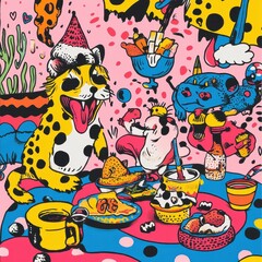 A whimsical party scene with cartoon animals enjoying a meal