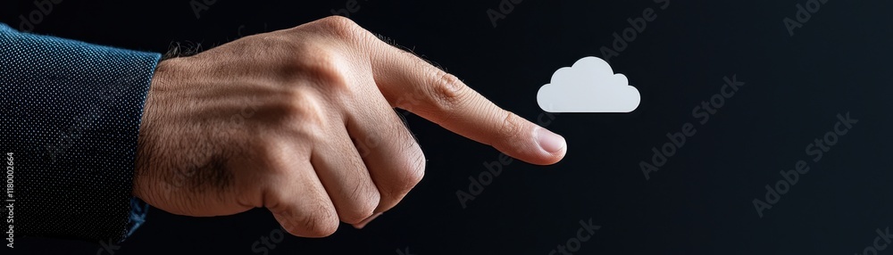 Poster a hand is poised to touch a cloud icon, symbolizing digital interaction or cloud computing technolog