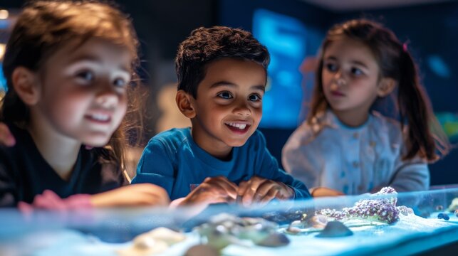 Three children are gathered around a table exploring fascinating sea creatures. Their joyful expressions capture the magic of learning and discovery. Generative AI