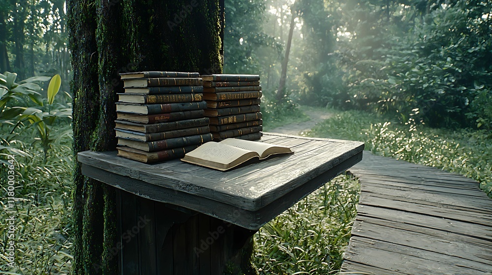 Wall mural a serene forest scene with a wooden shelf holding stacked books and an open book, illuminated by sof