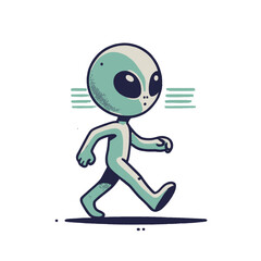 Fototapeta premium Cartoon alien walking confidently, featuring a large head, big black eyes, and subtle speed lines. A fun and dynamic character design for sci-fi and space themes. Isolated vector 