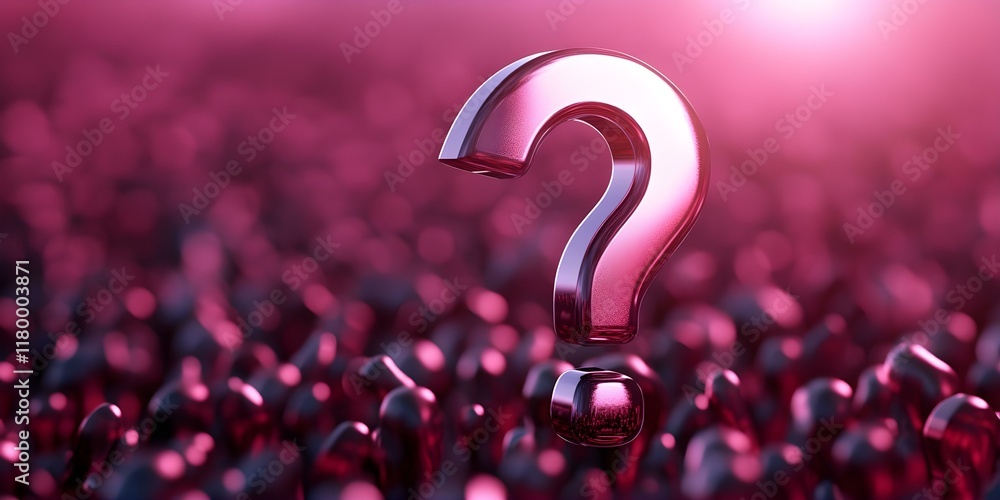 Poster a large, transparent question mark floats above a blurred background of shiny, dark shapes, creating