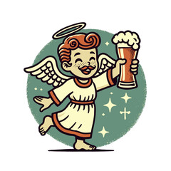 Cartoon angel holding a beer mug, walking joyfully with wings, a halo, and a cheerful expression. A fun and whimsical character design for celebration or festive themes. Isolated vector