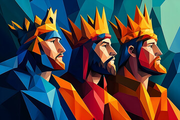 Three men are depicted in a painting, each wearing a crown.