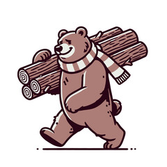 Cartoon bear walking with logs on its shoulder, wearing a striped scarf. A cheerful and cozy design for winter or forest themes. Isolated vector illustration.