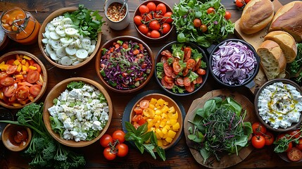Fototapeta premium A vibrant array of fresh vegetable salads and bread