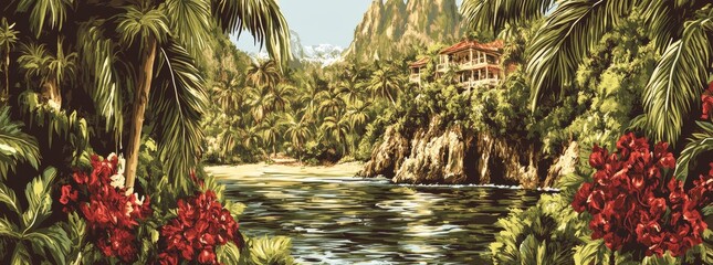 Abstract contemporary aesthetic landscapes featuring the Sun, Sea, waves, and mountains. A mid-century modern minimalist line art print with backgrounds in retro Asian Japanese style. Modern