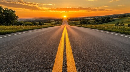 Fototapeta premium Sunset Highway: Golden Hour Road Trip Through Serene Countryside