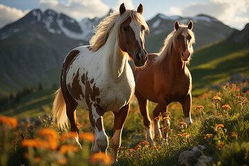 Obraz premium wild horses in the mountain meadows, 
