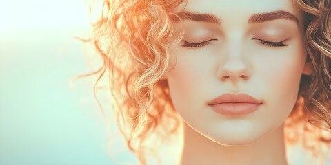 Fototapeta premium A close-up of a woman with curly hair and closed eyes, illuminated by soft, warm light, conveying a serene and peaceful expression. Concept Close-Up Portrait, Curly Hair, Soft Warm Light