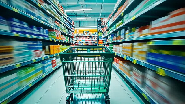 A shopping cart swiftly moves through the vibrant supermarket aisles, surrounded by colorful shelves filled with products. The vivid scenery and dynamic movement suggest a theme of busy, modern