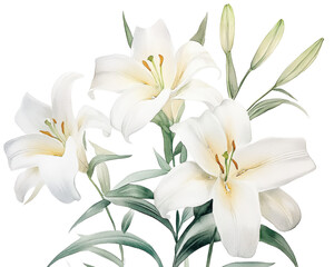 Fototapeta premium White lilies with green leaves, isolated on a white background.