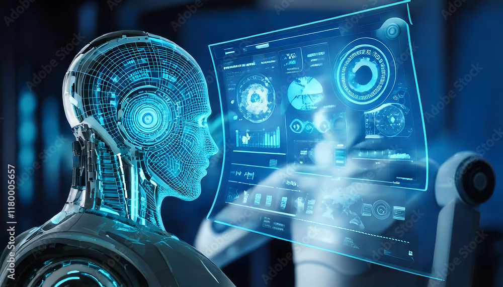 Poster stunning futuristic image of a translucent robotic head interacting with a holographic display showi