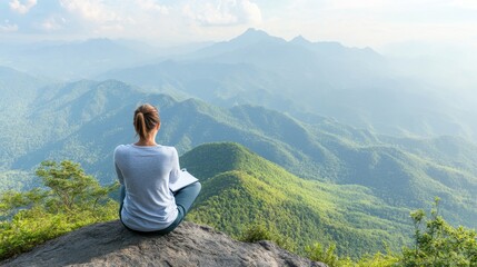 Serene Woman Enjoying Scenic Mountain View While Writing in Journal on Rocky Outcrop, Capturing Peace and Inspiration in Nature's Beauty