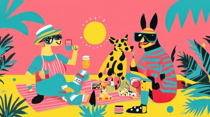 Naklejka premium Stylish Dogs Enjoying a Sunny Summer Picnic