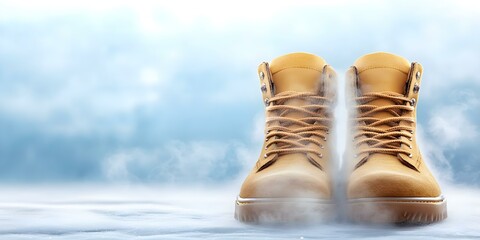 A pair of tan work boots standing on a snowy surface, with a mist or steam effect around them. Concept Tan Work Boots, Snowy Surface, Steam Effect, Winter Aesthetic, Outdoor Footwear
