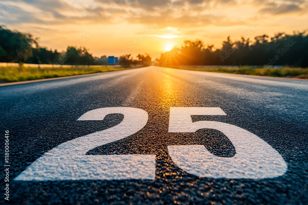 Wall mural Asphalt road with number 25 and sunset sky background, business and transportation concept