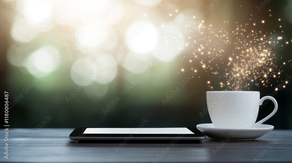 Poster a cozy moment of relaxation with a tablet and a warm cup of coffee on a wooden table with soft bokeh