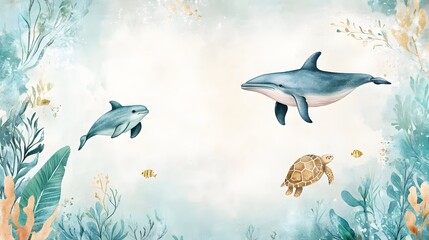 Fototapeta premium Watercolor Ocean Scene with Dolphins and Turtle
