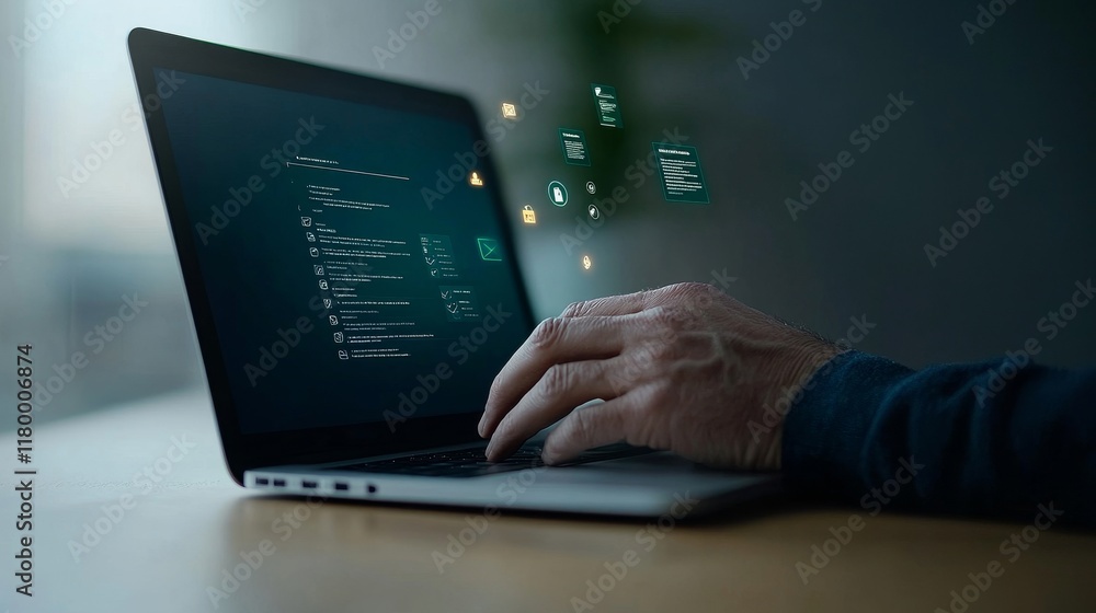 Aufkleber modern workspace with laptop and holographic data display, showcasing a user engaging with technolog