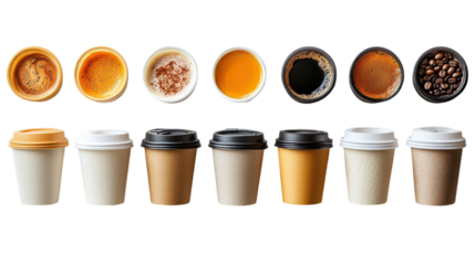 Coffee varieties displayed in disposable cups showcasing brewing styles and unique flavors
