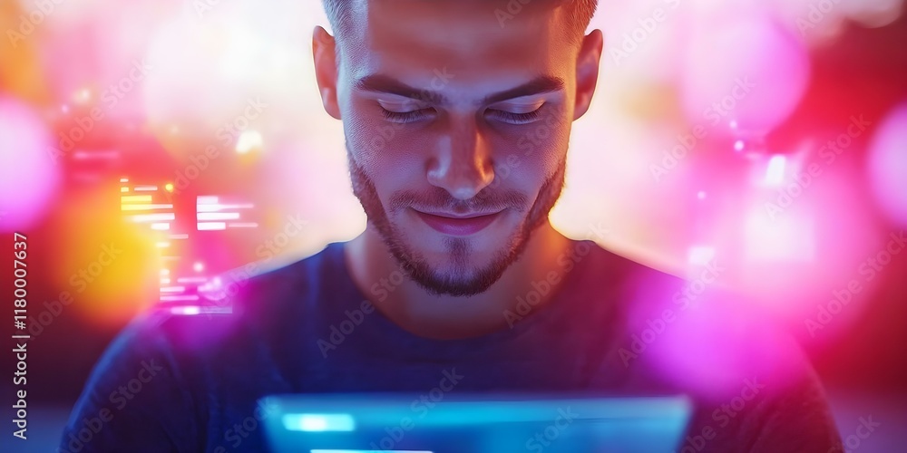 Poster a young man using a tablet, illuminated by colorful lights and abstract digital graphics around him.
