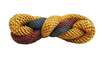 A beautifully intertwined rope knot features bright yellow, green, and red strands