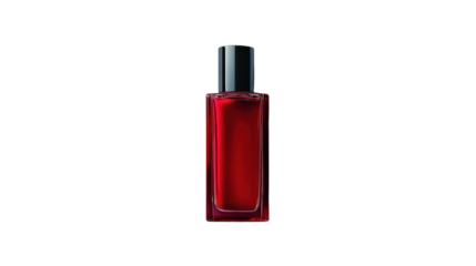 A red glass bottle exudes elegance against a minimalist backdrop, ideal for luxury fragrances