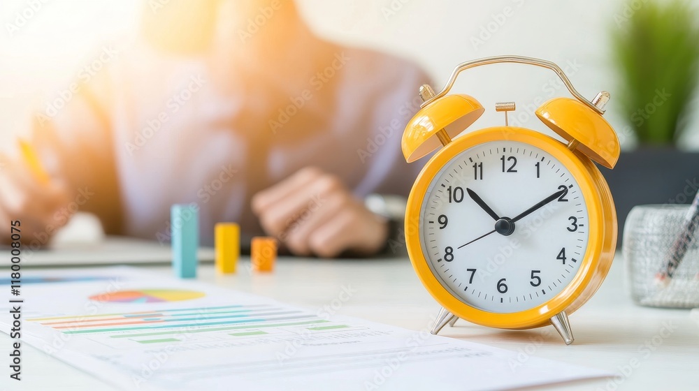 Poster yellow alarm clock on office desk with charts and papers highlighting time management and productivi