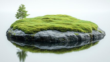 Small grassy island with a single tree, reflecting on calm water.