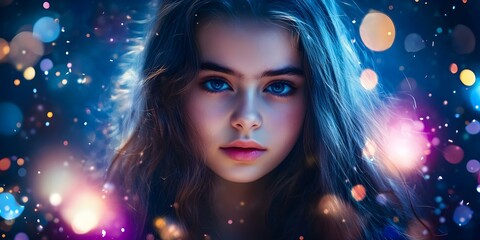 A close-up portrait of a young person with long hair and striking blue eyes, surrounded by colorful, blurred lights. Concept Close-Up Portrait, Striking Blue Eyes, Long Hair, Colorful Bokeh Lights