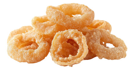 Crispy golden onion rings piled high on a rustic wooden table in a casual dining setting