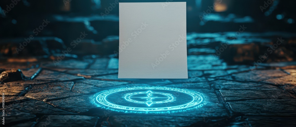 Poster a floating ancient paper on a glowing magic circular. mockup image on ruin fantasy background.