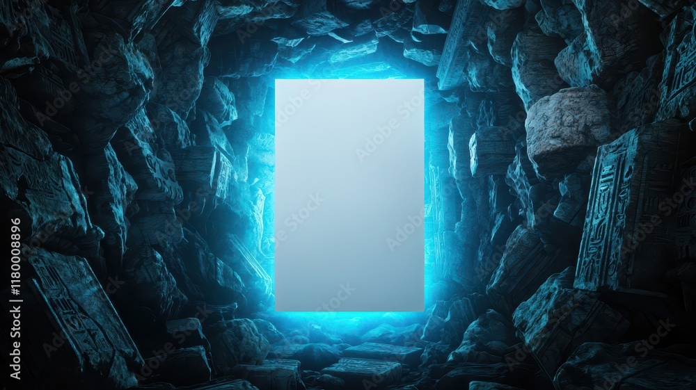Poster floating ancient paper in a magic force field. mockup image on ruin fantasy background.