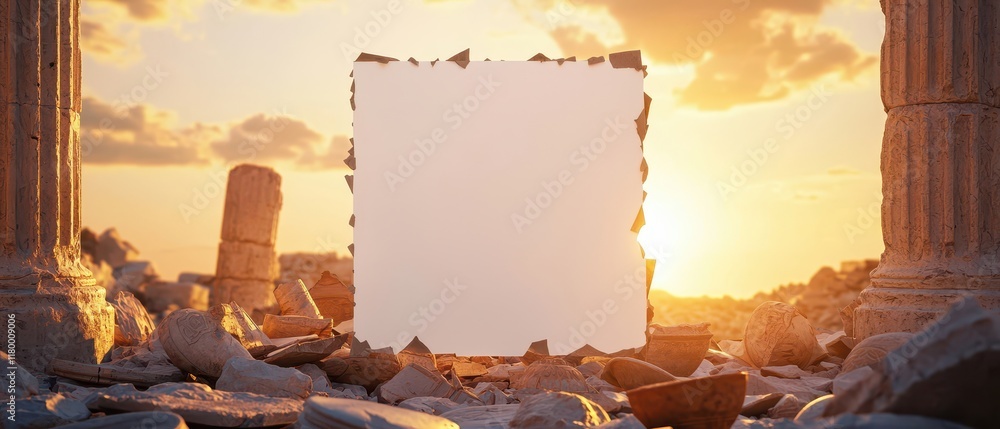 Poster ancient paper framed by fallen columns. mockup image on ruin fantasy background.