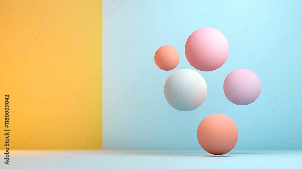 Poster a minimalistic design featuring colorful spheres floating against a split yellow and blue background